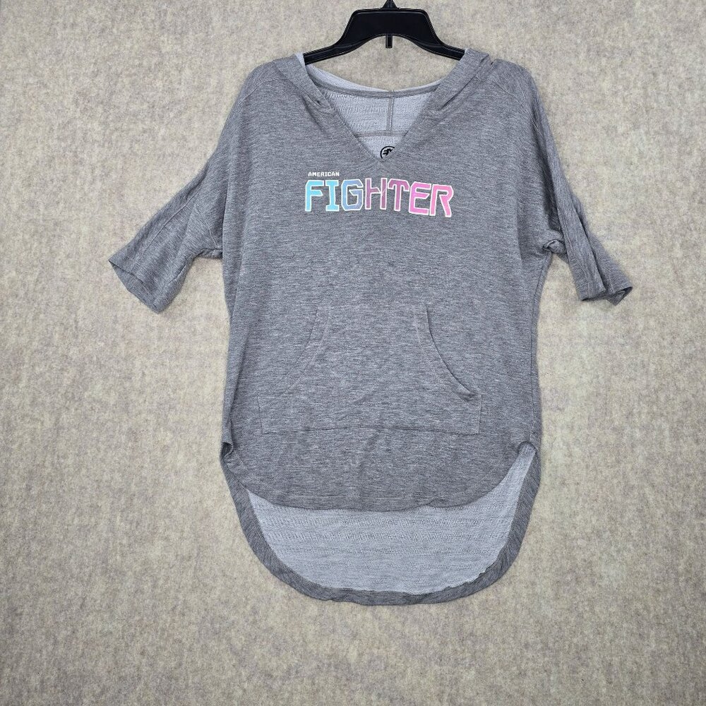 American Fighter Womens Heather Gray Hooded Graphic Tee Small Cotton Blend